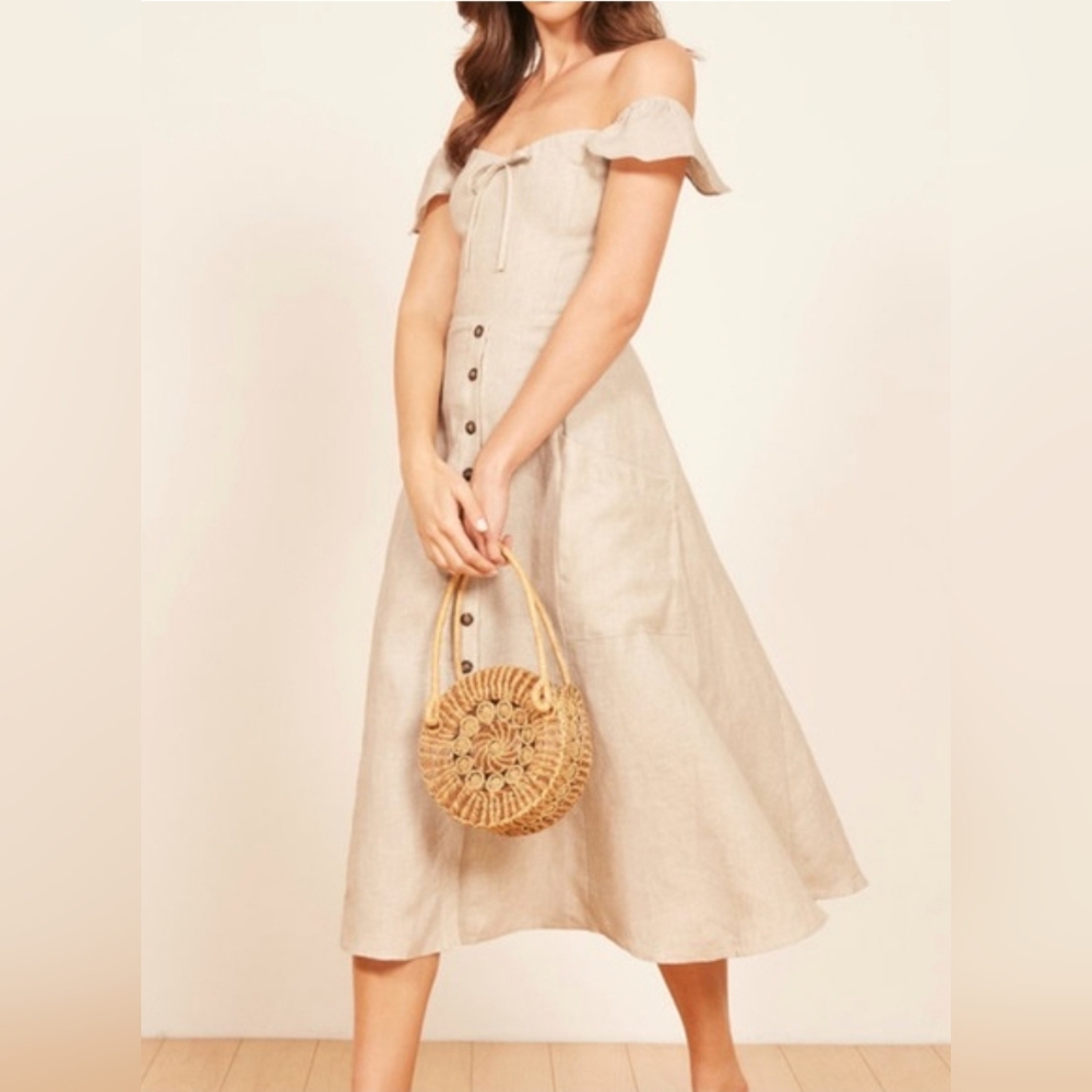 Reformation 100%  linen Francis midi dress in oatmeal color size 4